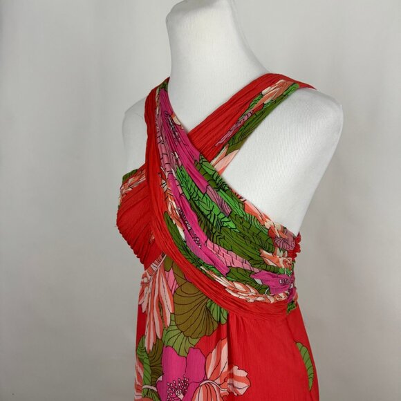 Tibi Orange Pink Chiffon Dress 6 Sleeveless Silk Floral Hibiscus Tropical Tiki - Picture 8 of 9